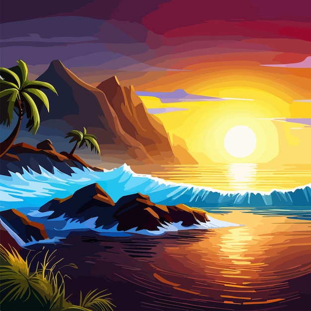 Vector palm trees and sun at sea with mountains background ocean and beach vector island scenery empty