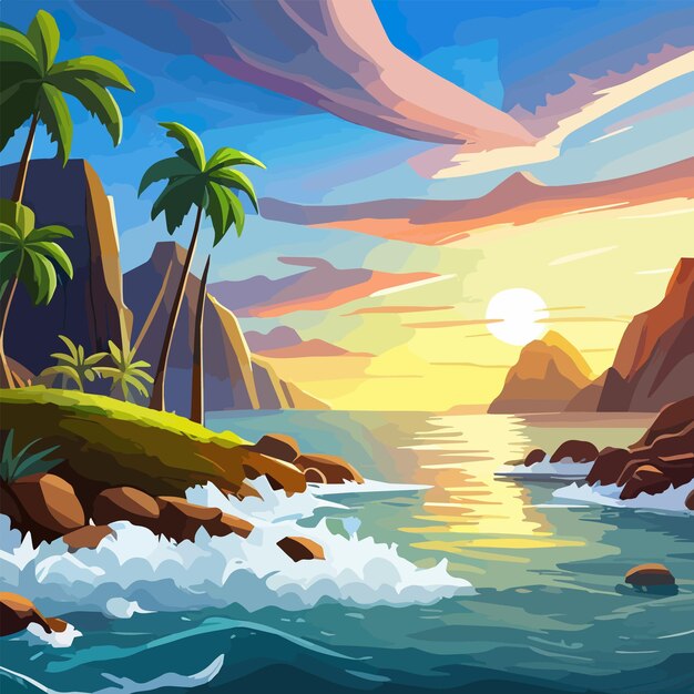 Vettore palme e sole in mare con montagne sullo sfondo oceano e spiaggia vettore paesaggio insulare vuoto