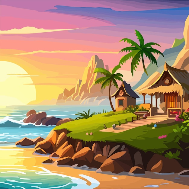 Vector palm trees and sun at sea with mountains background ocean and beach vector island scenery empty