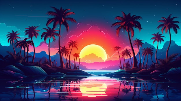 Vector palm trees and sunset at the beach