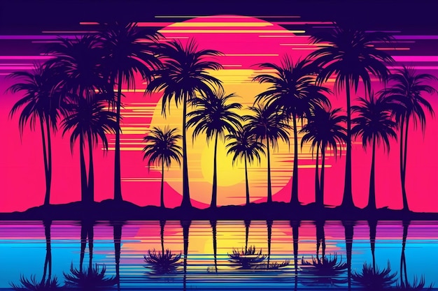 Palm trees at sunset in sea background