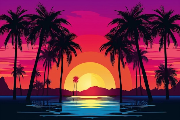 Palm Trees At Sunset In Sea Background