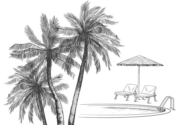 Vector palm trees swimming pool beach umbrella and two loungers. vector vintage illustration .
