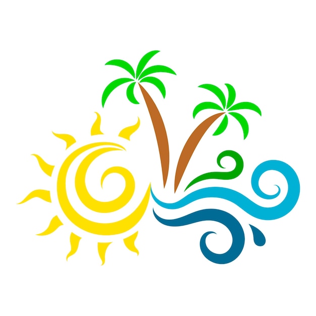 Palm trees yellow sun and blue waves leisure and travel sign