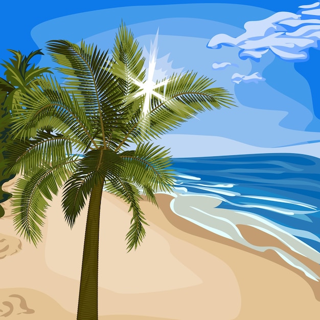 Vector palm with sun rays through foliage on beach vector illustration of palm tree on sea beach