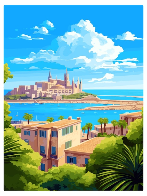 Palma de mallorca spagna vintage travel poster souvenir postcard ritratto pittura wpa illustrazione