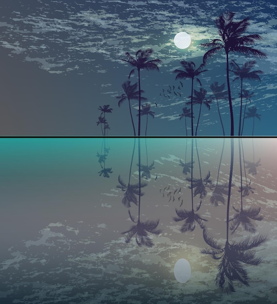 Palmbomen bij tropisch maanlicht met reflecties in zee