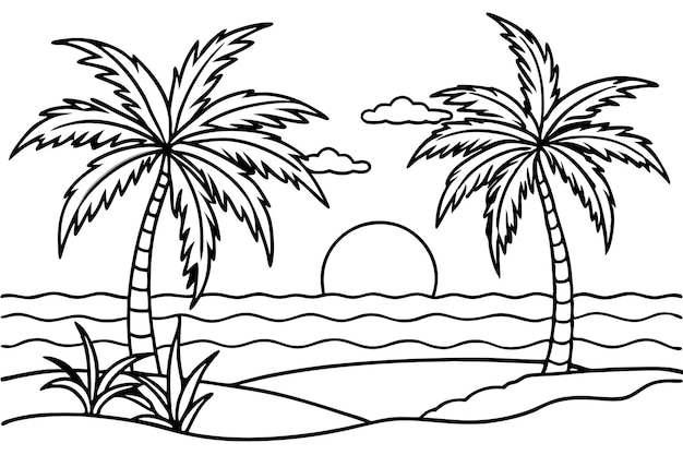 palmbomen op het strand met een zon op de achtergrond