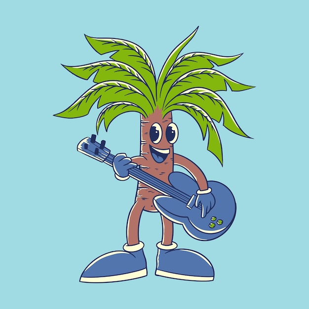 Palmboom cartoon gitaar spelen hand getekend karakter