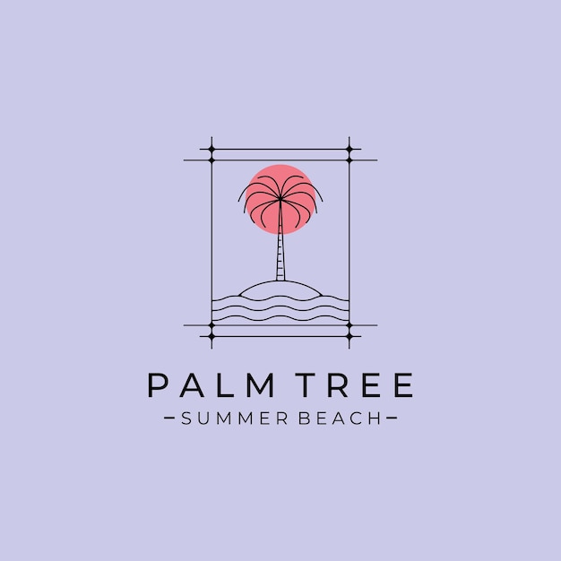 Palmboom eiland lijn logo vector symbool met zonsondergang illustratie ontwerp minimaal embleem ontwerp