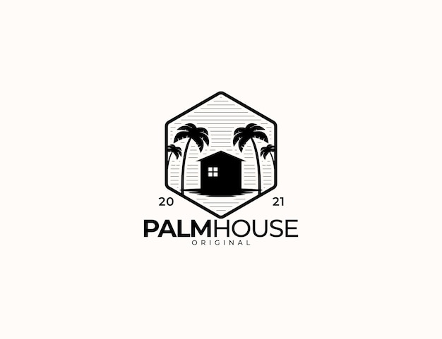 Palmboom en huis zeshoekig logo