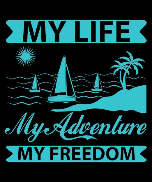 Palmboom en strand, avontuur op zeeboot vector t-shirt ontwerpsjabloon