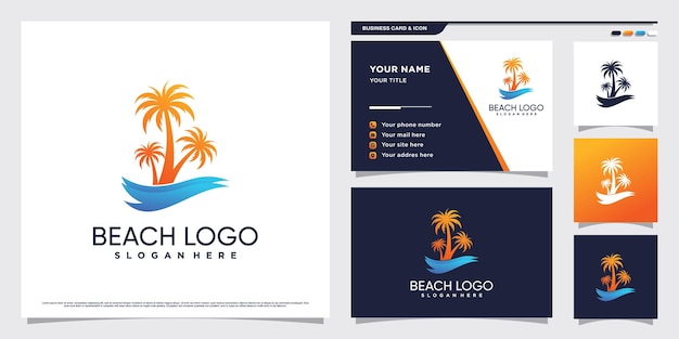 Palmboom en strand logo ontwerp illustratie met creatief concept en visitekaartje sjabloon