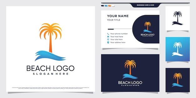 Palmboom en strand logo ontwerp illustratie met creatief concept en visitekaartje sjabloon