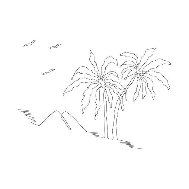 Palmboom in één doorlopende lijn tekening Vector tropisch landschap meeuwen heuvels zee kosten