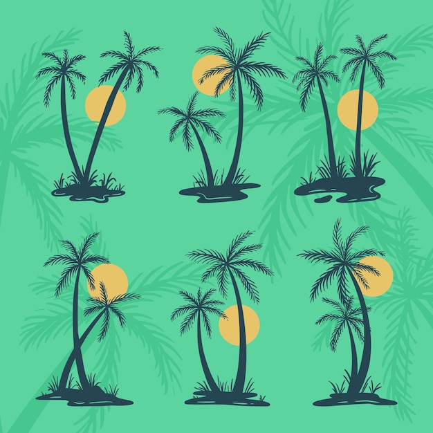 Vector palmboom kokospalm tropische zonsondergang strand silhouet vector set