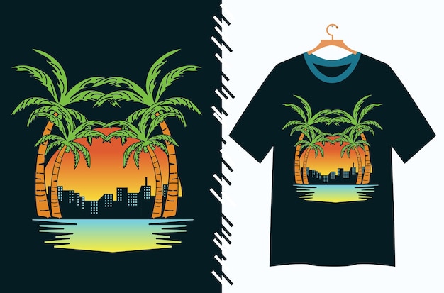 palmboom met uitzicht op de stad voor t-shirtontwerp