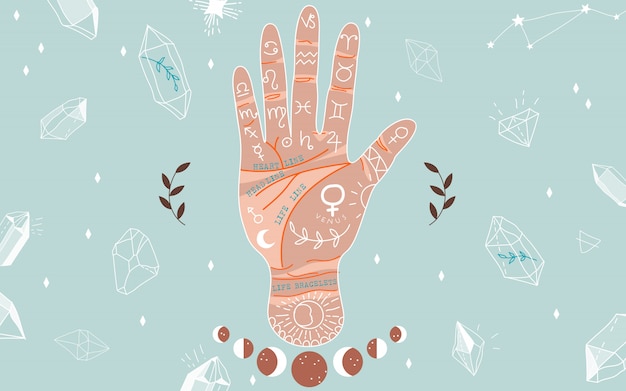 Palmistry and hieromancy. hand lines and their meanings. moon phases. crystals in variety of shapes. magical hand drawn   illustration for web and print design. trendy colourful palmistry hand.