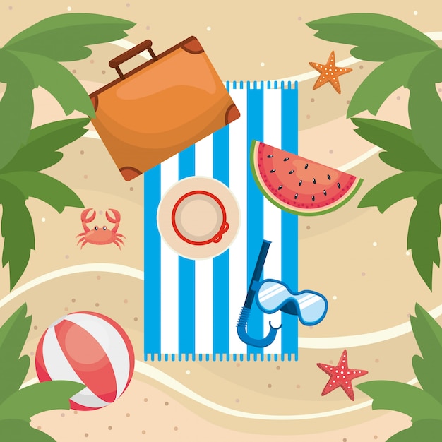 Vector palms trees with watermelon and briefcase with beach ball and snorkel masks