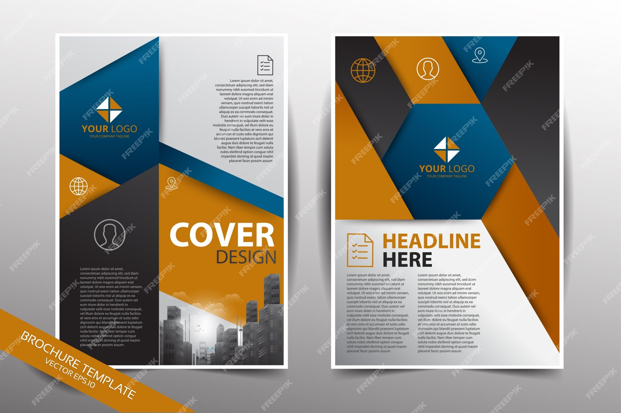 Premium Vector | Pamphlet design template with city background in blue and  yellow color