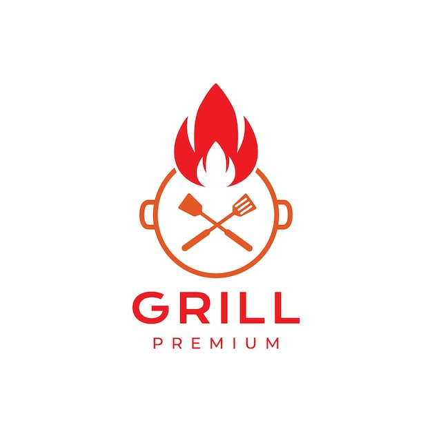 Pan grill cottura cibo spatola fiamma fuoco relax minimalista logo design vettoriale