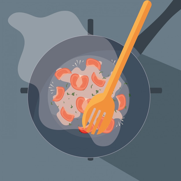 Vector pan of kitchen with fork wooden and tomatoes fried