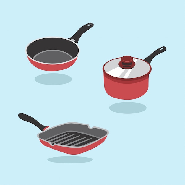 Pan vector set. een reeks keukenpunten om te koken. pan, steelpan, koekenpan.