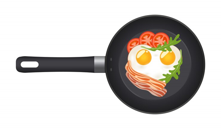 Vector 베이컨, 토마토, arugula와 심장의 모양에 튀긴 계란 팬. 평면도.