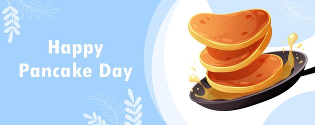 Vector pan with pancakes and butter on blue background and text happy pancake day greeting