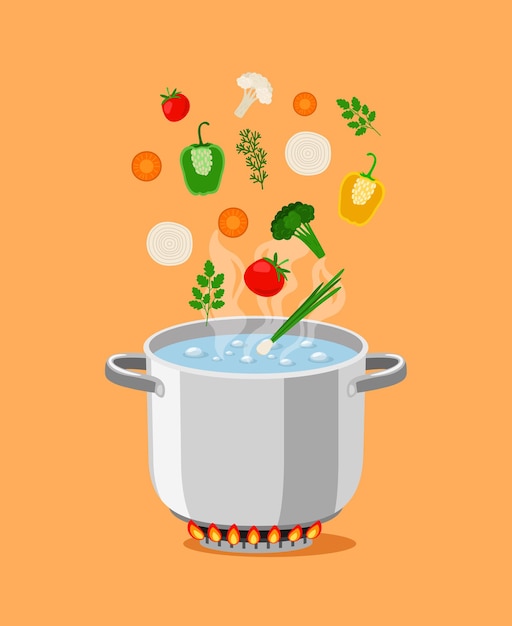 Pan with soup. cartoon pot with boiling water and cooking ingredients, gas flaming burner for high temperature, vector illustration objects for kitchen