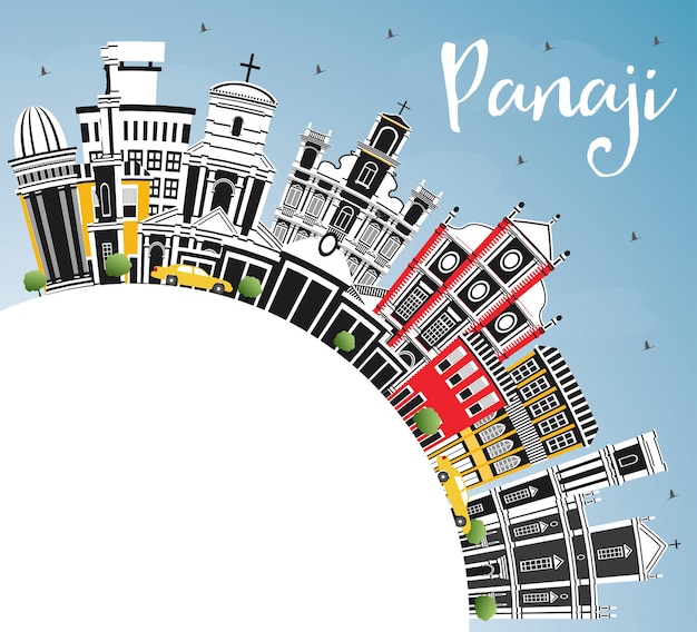 色の建物、青い空、コピースペースのあるパナジインドの街のスカイライン。ベクトルイラスト。歴史的な建築とビジネス旅行と観光の概念。ランドマークのあるパナジの街並み。