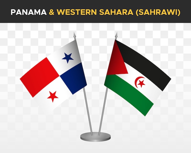 Panama vs westelijke sahara bureau vlaggen mockup geïsoleerde 3D-vector illustratie tafelvlaggen