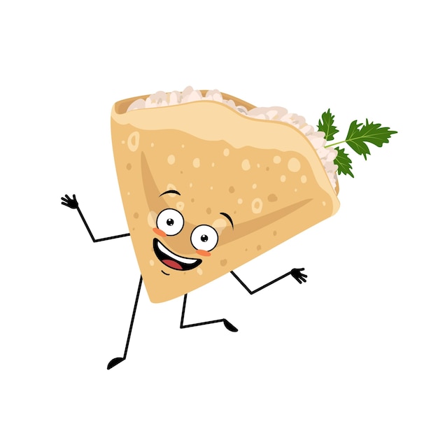 Pancake character with cottage cheese and parsley and crazy
joyful emotions happy face smile arms and legs baking person
homemade pastry with funny expression vector illustration