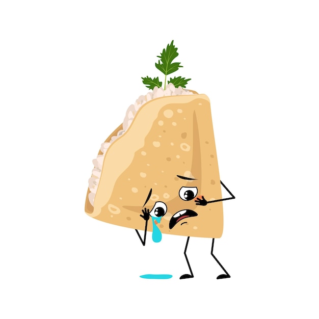 Pancake character with cottage cheese and parsley and crying\
and tears emotion sad face depressive eyes arms and legs baking\
person homemade pastry with melancholy expression vector\
illustration