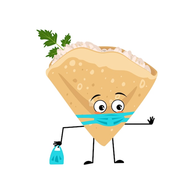 Pancake character with sad emotions face and mask keep distance
hands with shopping bag and stop gesture baking person homemade
pastry with care expression vector flat illustration