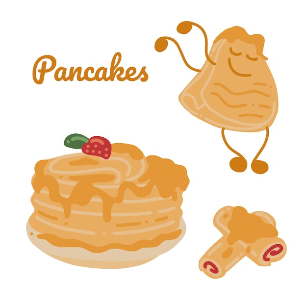 Pancake and cute character. Vector hand draw cartoon illustration.