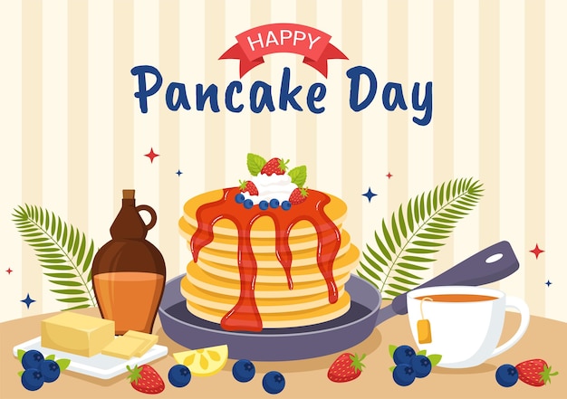 Illustrazione vettoriale del giorno dei pancake un piatto di pancake coperti di sciroppo in un modello di panetteria casalinga