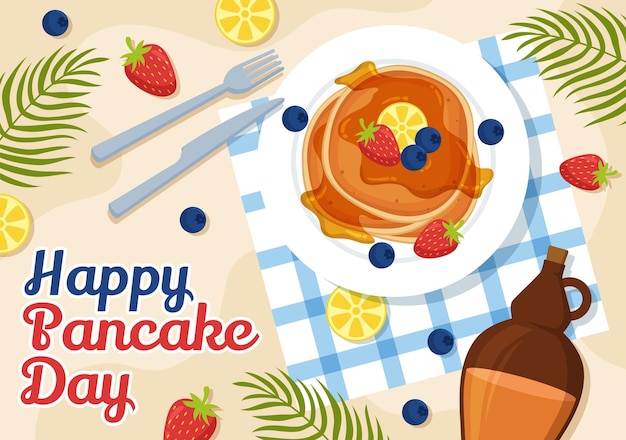 Illustrazione vettoriale del giorno dei pancake un piatto di pancake coperti di sciroppo in un modello di panetteria casalinga