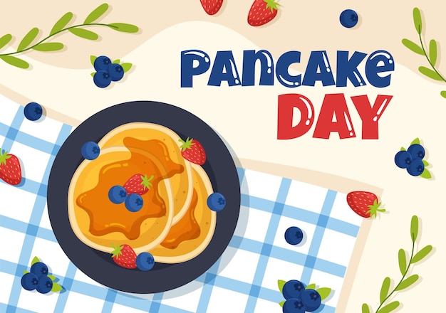 Illustrazione vettoriale del giorno dei pancake un piatto di pancake coperti di sciroppo in un modello di panetteria casalinga