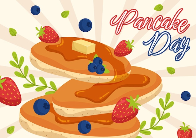 Illustrazione vettoriale del giorno dei pancake un piatto di pancake coperti di sciroppo in un modello di panetteria casalinga