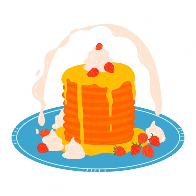 Pancake stack on plate, breakfast concept icon isolated on white, cartoon illustration. appetizing sweet dessert pastry.