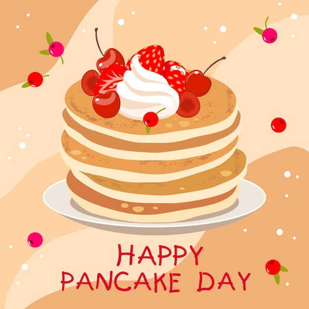 Pancake stack with cherries on a plate. greeting card of a happy pancake day.