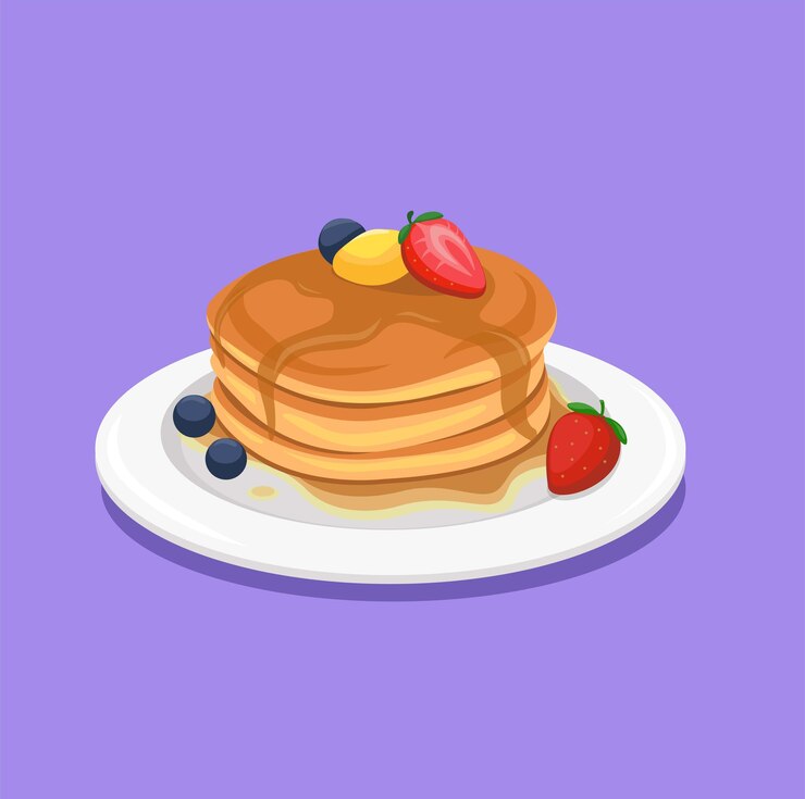 Vector pancake with butter and fruit topping  on dish dessert menu symbol cartoon illustration vector