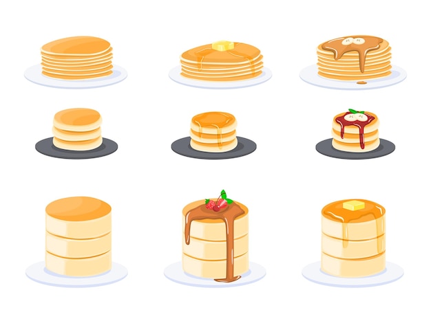 Pancake with toppings collection in flat illustration