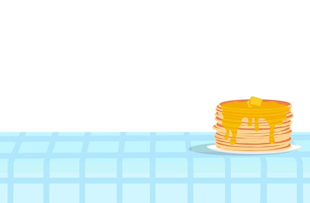 パンケーキはテーブルに積み重ねられ、生地のテーブルの場所にバターブルーのテーブルクロスをまぶされますベクトルフラット漫画イラスト