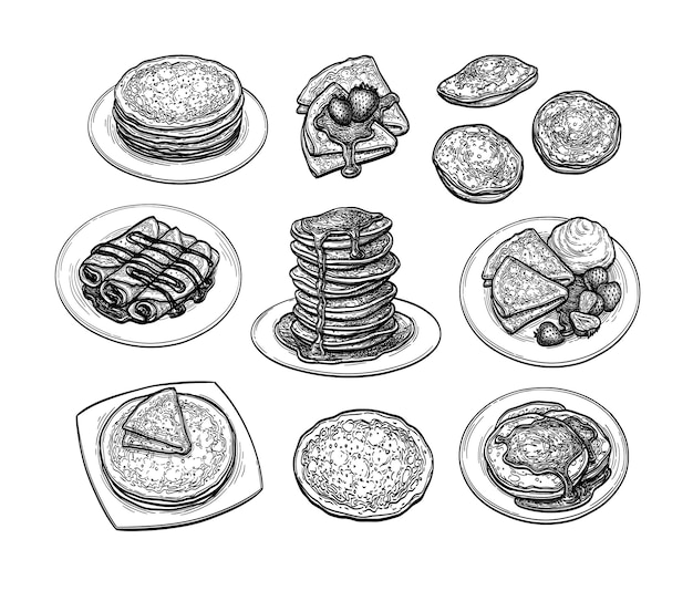 Vector pancakes and crepes with strawberries and syrup. ink drawings collection.