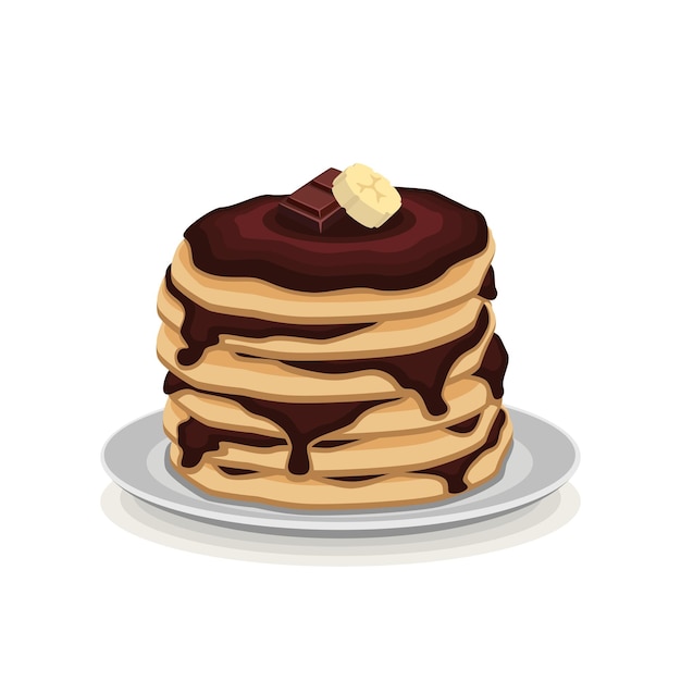 Pancakes met chocolade en banaan op een bord op een witte achtergrond