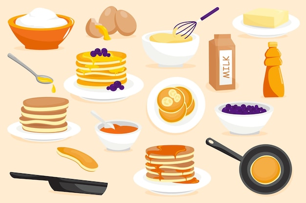 Pancakes set concept in the flat cartoon design on a yellow background Pancakes cooking stages