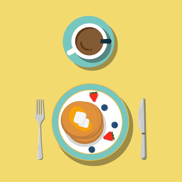 Pancakes with berries on plate and cup of coffee top view Traditional breakfast symbol Morning mood Flat style with shadows