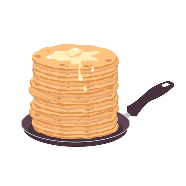 Vector pancakes with butter in a frying pan.